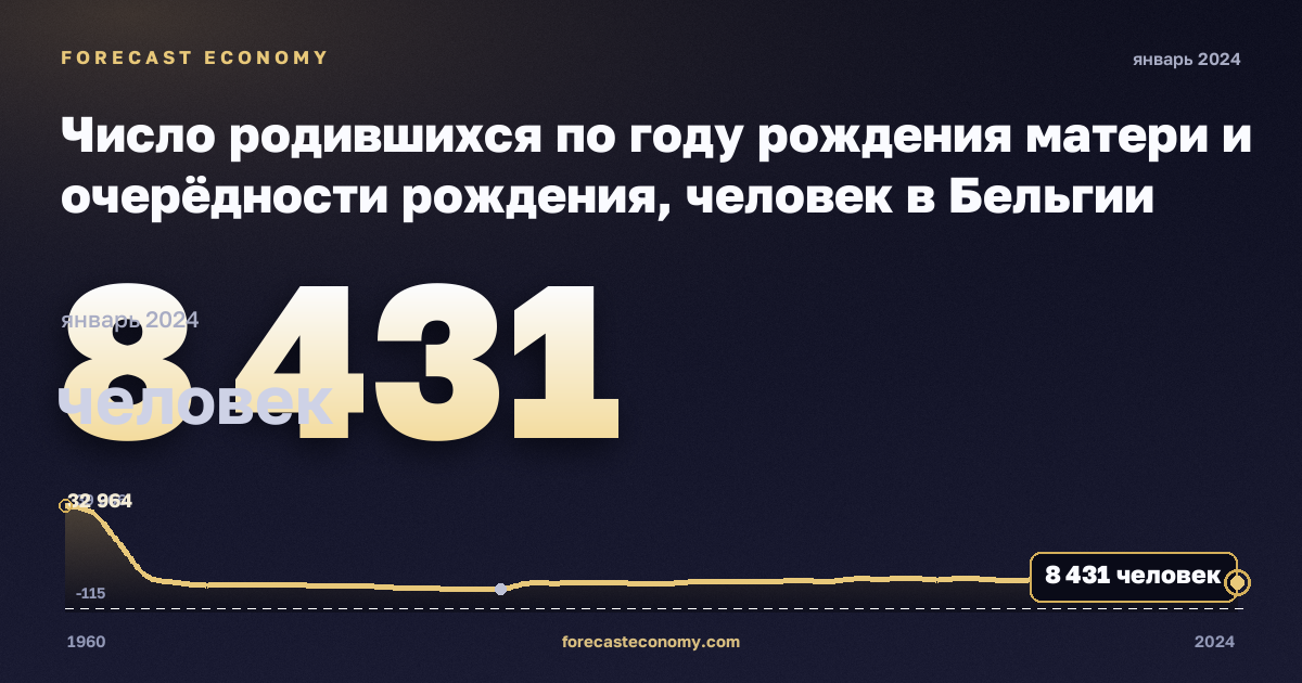 Число родившихся по году рождения матери и очерёдности рождения, человек в Бельгии: график динамики 1960–2024, последнее значение 8 431 человек, источник Евростат