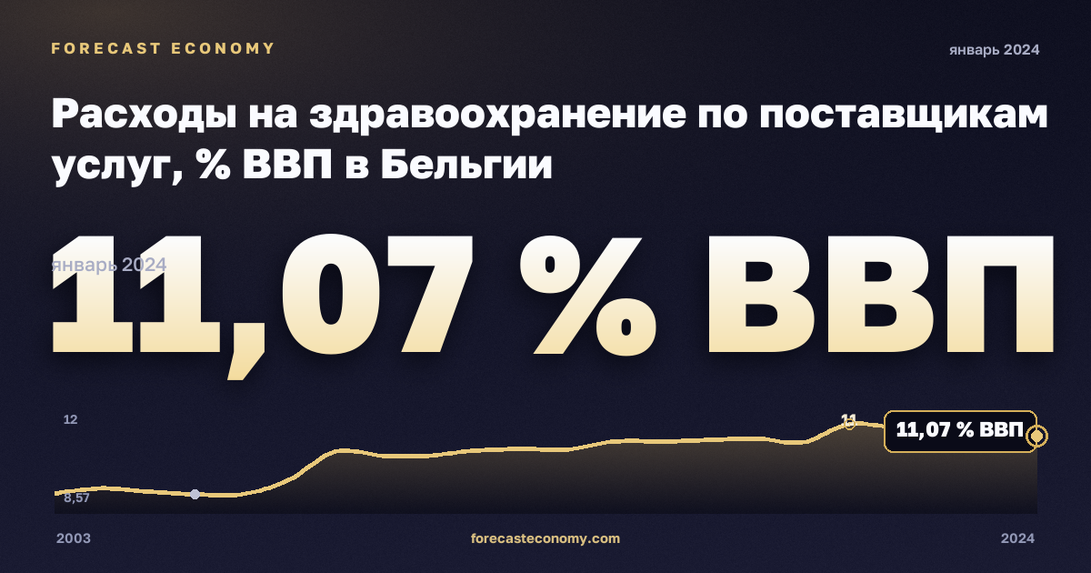 Расходы на здравоохранение по поставщикам услуг, % ВВП в Бельгии: график динамики 2003–2024, последнее значение 11,07 % ВВП, источник Евростат