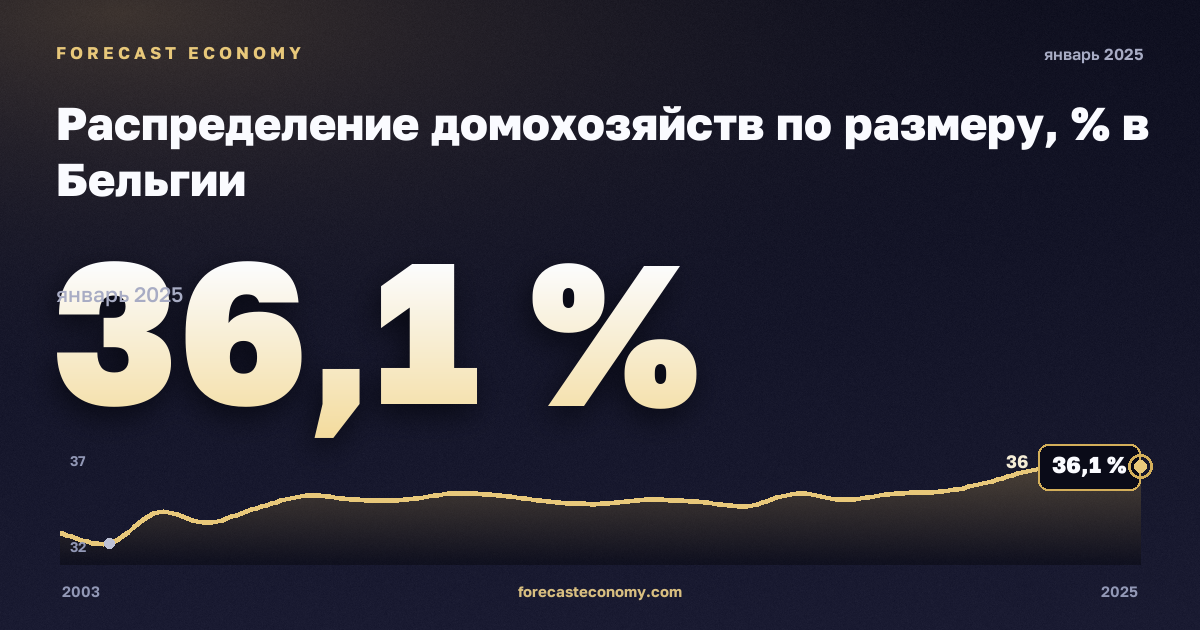 Распределение домохозяйств по размеру, % в Бельгии: график динамики 2003–2025, последнее значение 36,1 %, источник Евростат