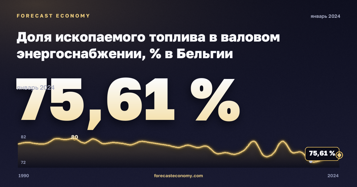 Доля ископаемого топлива в валовом энергоснабжении, % в Бельгии: график динамики 1990–2024, последнее значение 75,61 %, источник Евростат