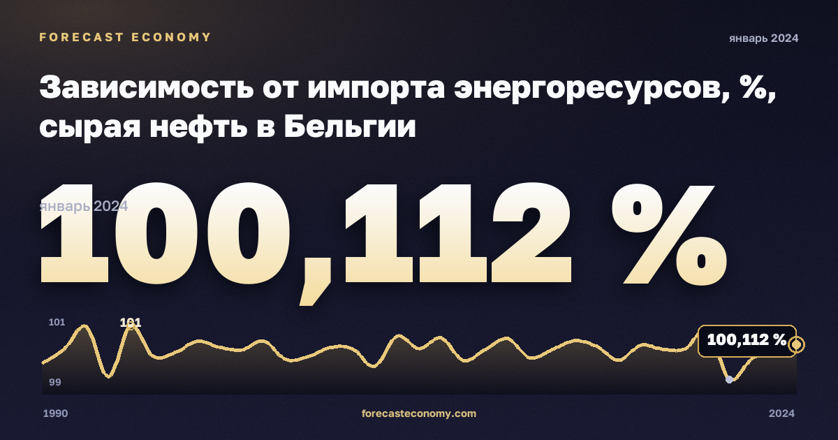 Зависимость от импорта энергоресурсов, %, сырая нефть в Бельгии: график динамики 1990–2024, последнее значение 100,112 %, источник Евростат
