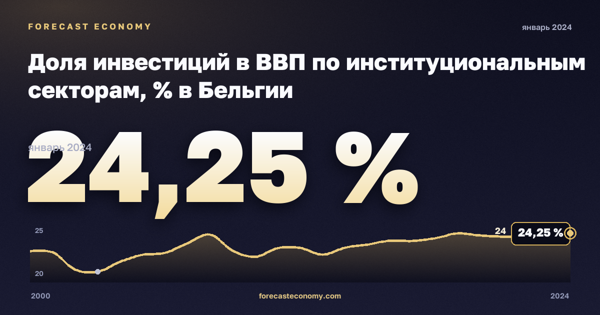 Доля инвестиций в ВВП по институциональным секторам, % в Бельгии: график динамики 2000–2024, последнее значение 24,25 %, источник Евростат