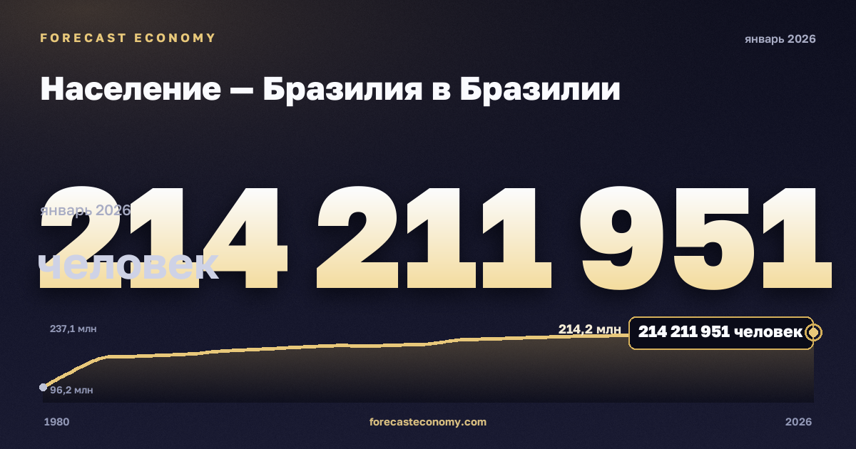 Население — Бразилия в Бразилии: график динамики 1980–2026, последнее значение 214 211 951 человек, источник Бразильский институт географии и статистики (IBGE)