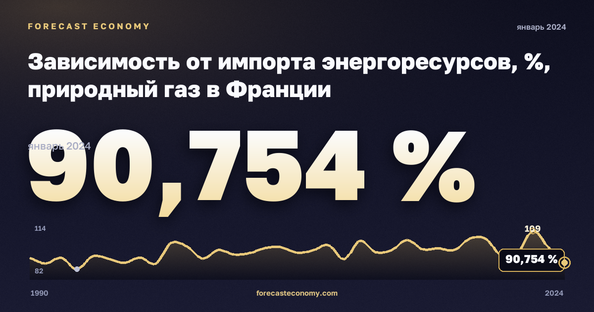 Зависимость от импорта энергоресурсов, %, природный газ в Франции: график динамики 1990–2024, последнее значение 90,754 %, источник Евростат