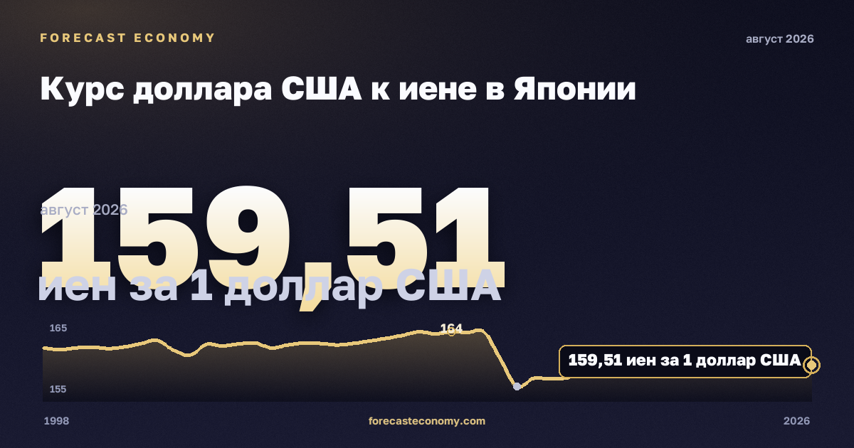Курс доллара США к иене в Японии: график динамики 1998–2026, последнее значение 159,01 иен за 1 доллар США, источник Банк Японии