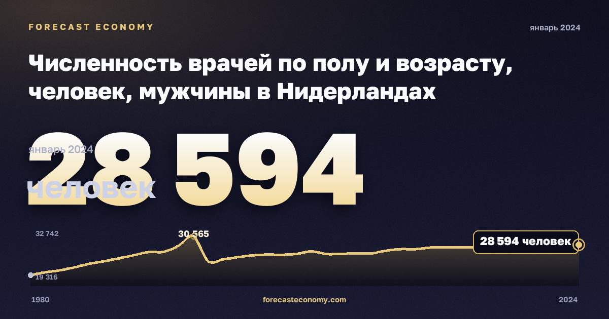 Численность врачей по полу и возрасту, человек, мужчины в Нидерландах: график динамики 1980–2024, последнее значение 28 594 человек, источник Евростат
