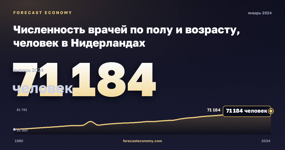 Численность врачей по полу и возрасту, человек в Нидерландах: график динамики 1980–2024, последнее значение 71 184 человек, источник Евростат
