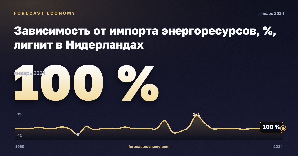 Зависимость от импорта энергоресурсов, %, лигнит в Нидерландах: график динамики 1990–2024, последнее значение 100 %, источник Евростат