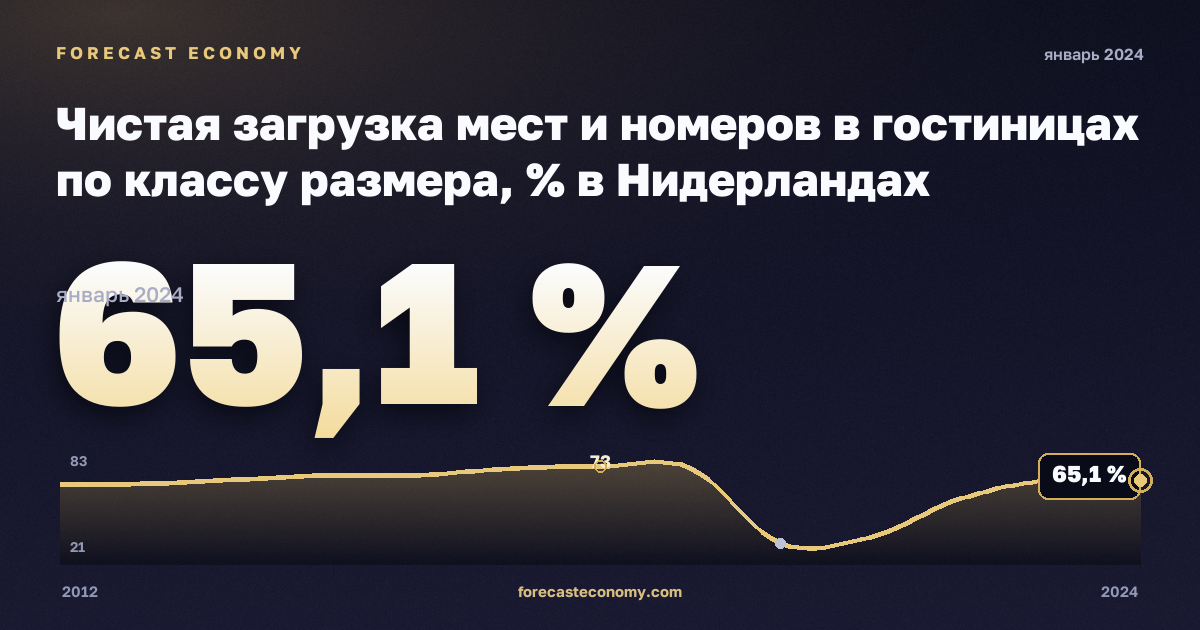 Чистая загрузка мест и номеров в гостиницах по классу размера, % в Нидерландах: график динамики 2012–2024, последнее значение 65,1 %, источник Евростат