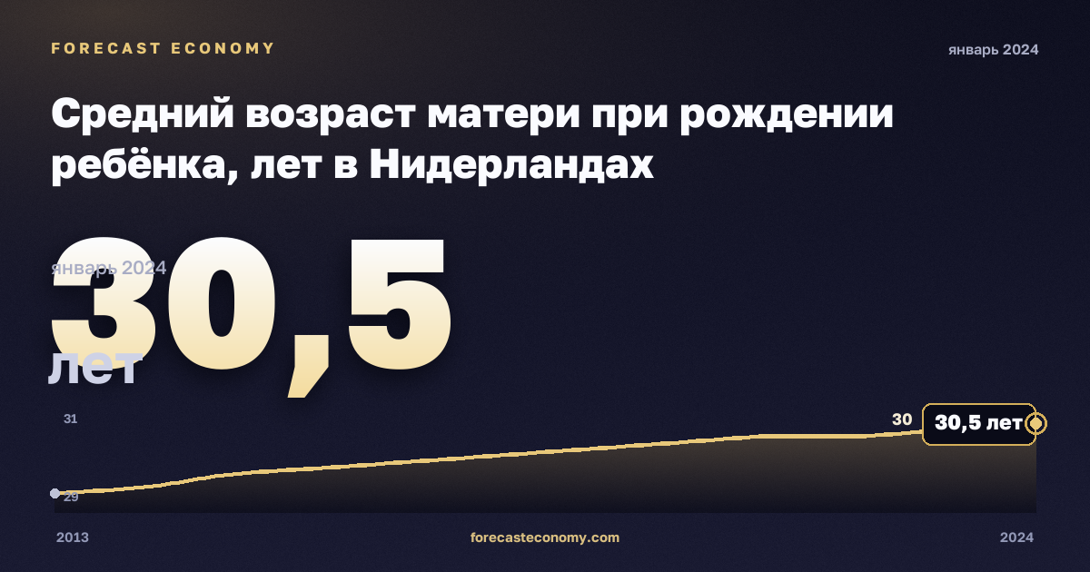 Средний возраст матери при рождении ребёнка, лет в Нидерландах: график динамики 2013–2024, последнее значение 30,5 лет, источник Евростат