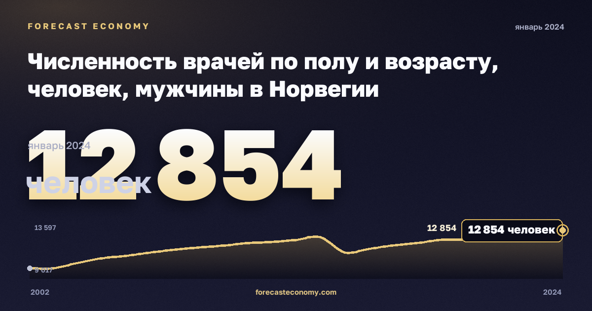 Численность врачей по полу и возрасту, человек, мужчины в Норвегии: график динамики 2002–2024, последнее значение 12 854 человек, источник Евростат