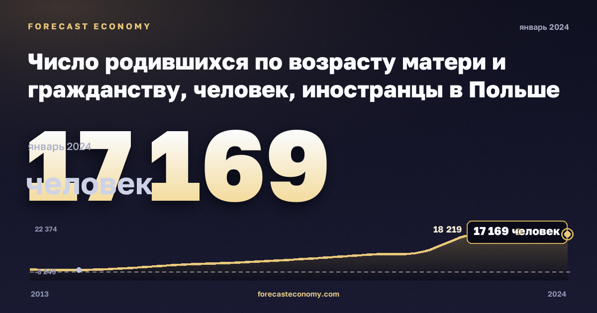 Число родившихся по возрасту матери и гражданству, человек, иностранцы в Польше: график динамики 2013–2024, последнее значение 17 169 человек, источник Евростат