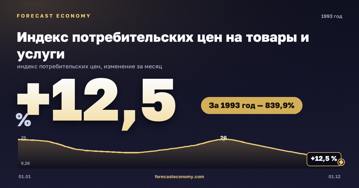 Индекс потребительских цен на товары и услуги в 1993 году — график, рост цен за год +839,87 %, источник Росстат
