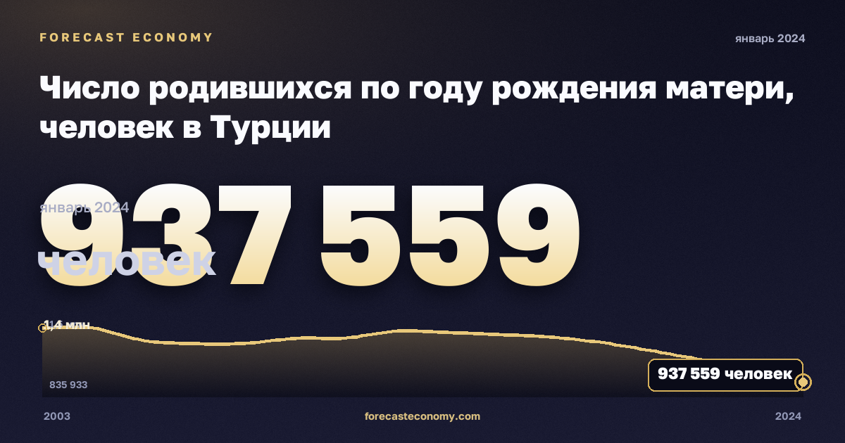 Число родившихся по году рождения матери, человек в Турции: график динамики 2003–2024, последнее значение 937 559 человек, источник Евростат