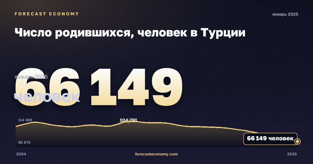 Число родившихся, человек в Турции: график динамики 2004–2025, последнее значение 66 149 человек, источник Евростат