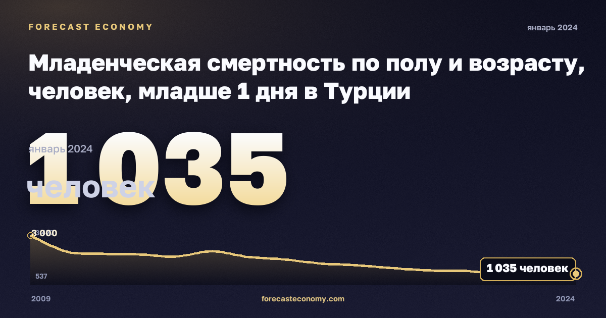 Младенческая смертность по полу и возрасту, человек, младше 1 дня в Турции: график динамики 2009–2024, последнее значение 1 035 человек, источник Евростат